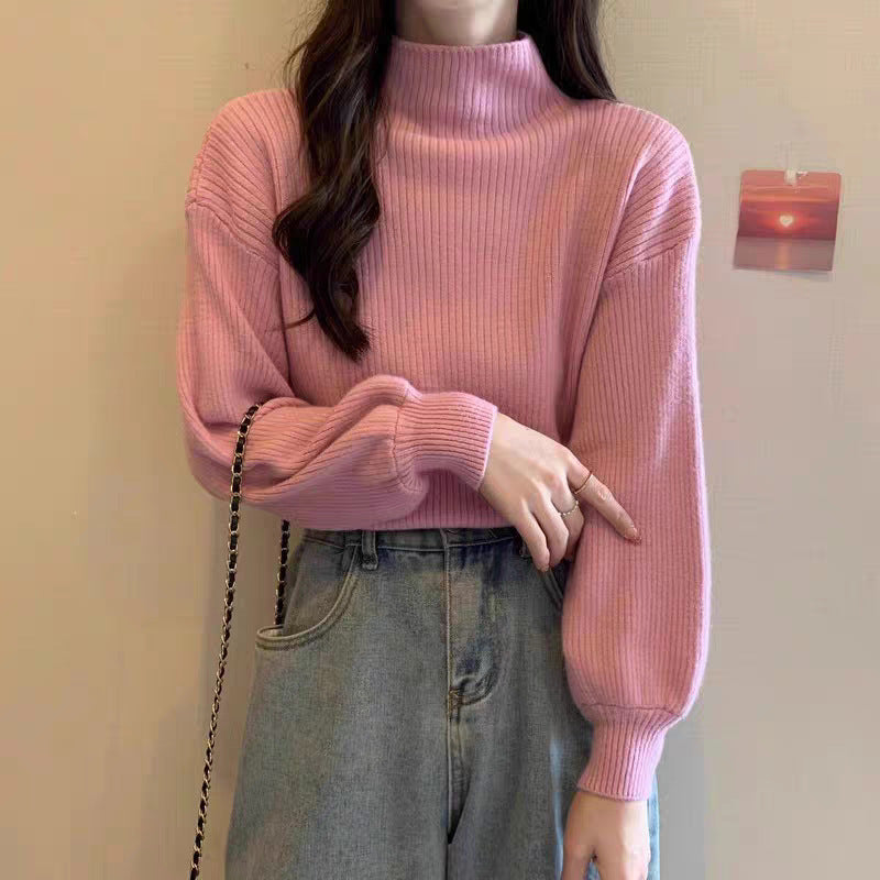 Autumn And Winter High-grade Mid-collar Cored Yarn Half Turtleneck Knitted Bottoming Shirt For Women