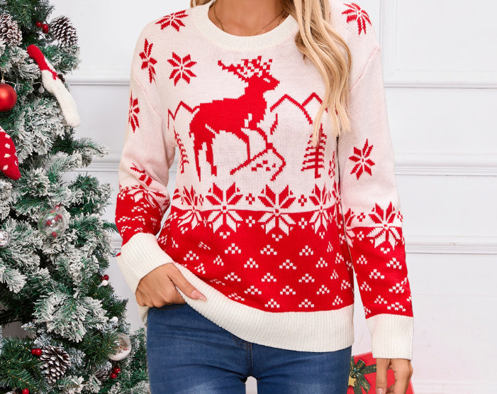 Christmas Tree Pullover Round Neck Red Sweater For Women