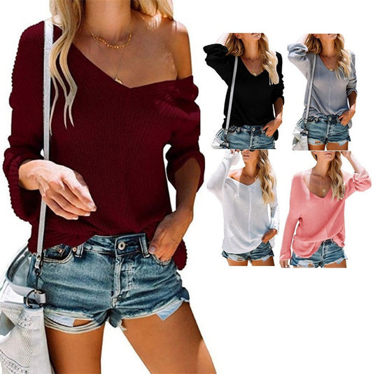 Women's V-neck Autumn And Winter New Long-sleeved Wool Top