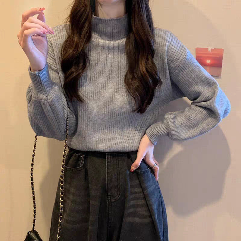 Autumn And Winter High-grade Mid-collar Cored Yarn Half Turtleneck Knitted Bottoming Shirt For Women