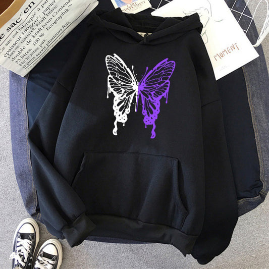 White And Purple Butterfly Pattern Hoodie