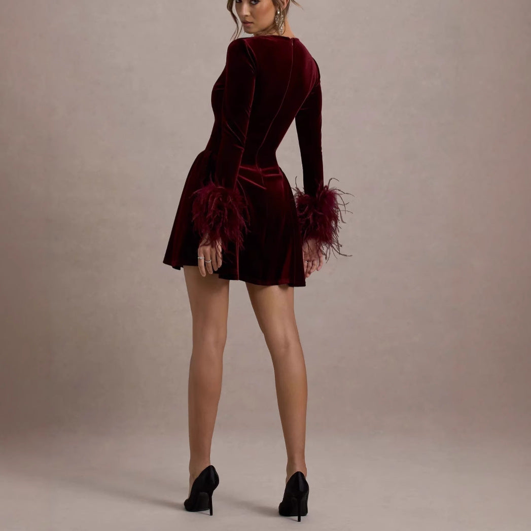 Autumn And Winter A- Line Waist Fitted Furry Long Sleeve V-neck Short Dress