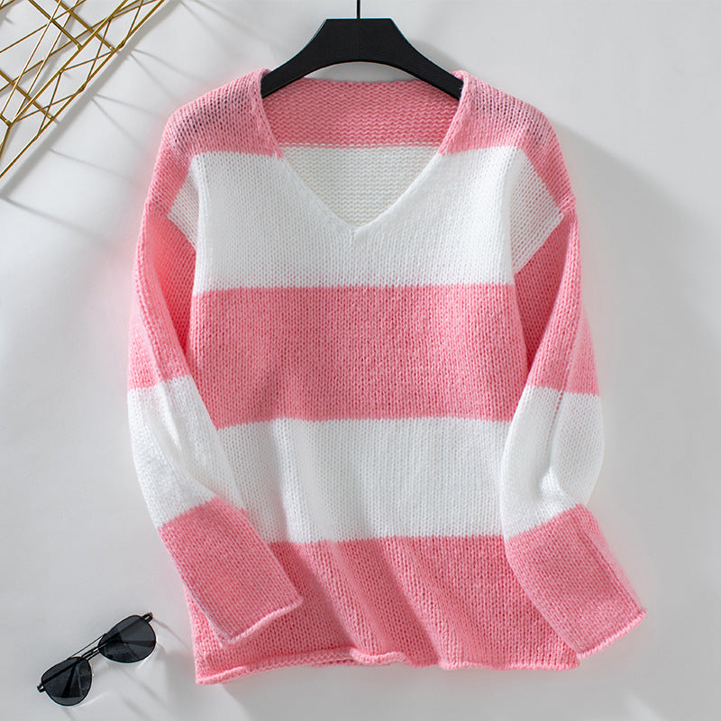 Casual Contrast Color Striped Sweater For Women