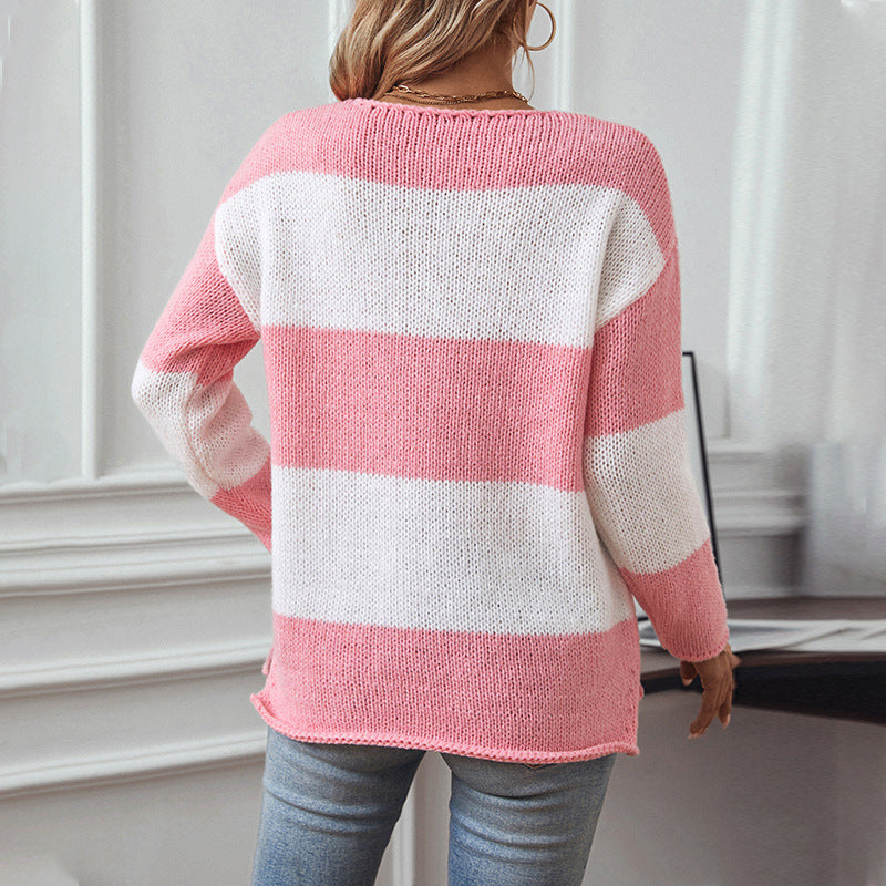 Casual Contrast Color Striped Sweater For Women