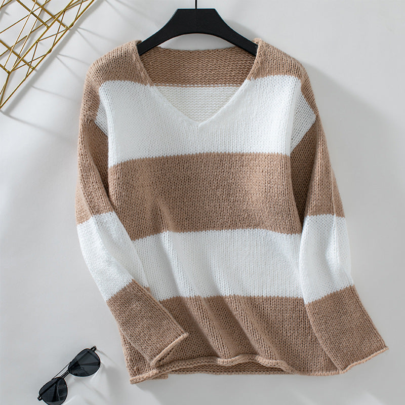 Casual Contrast Color Striped Sweater For Women