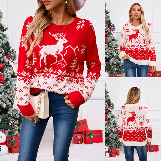 Christmas Tree Pullover Round Neck Red Sweater For Women