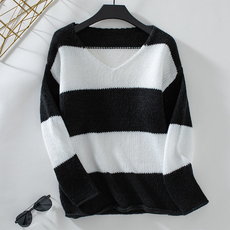 Casual Contrast Color Striped Sweater For Women