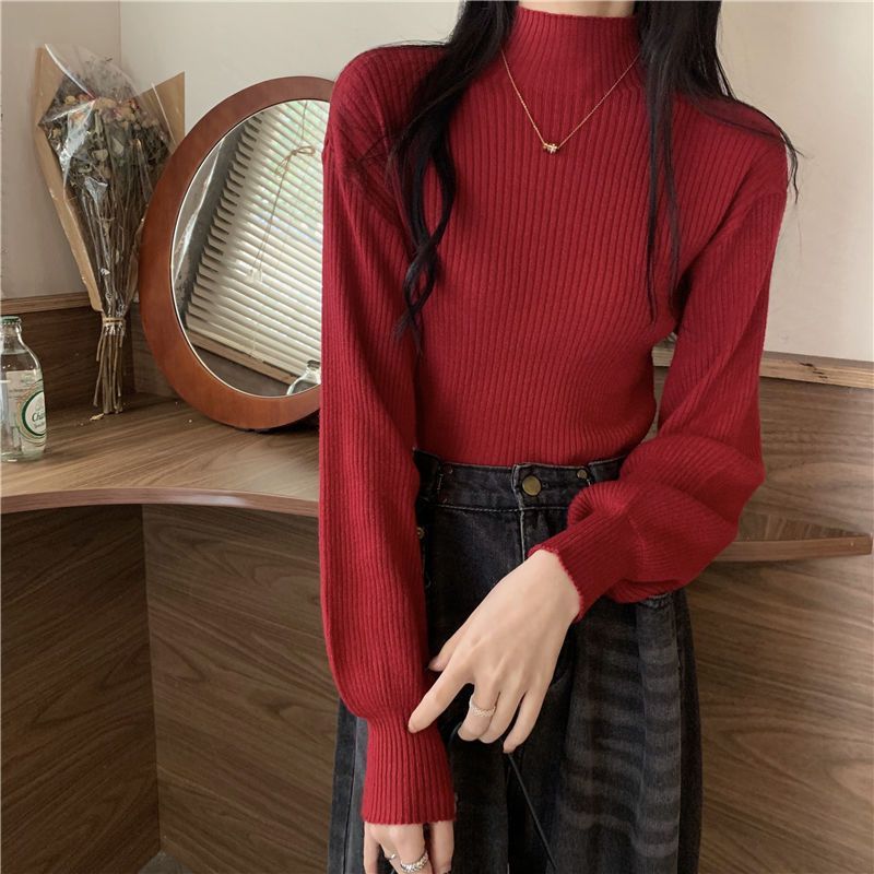 Autumn And Winter High-grade Mid-collar Cored Yarn Half Turtleneck Knitted Bottoming Shirt For Women