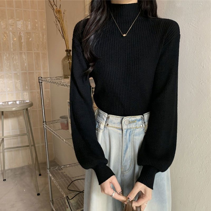 Autumn And Winter High-grade Mid-collar Cored Yarn Half Turtleneck Knitted Bottoming Shirt For Women